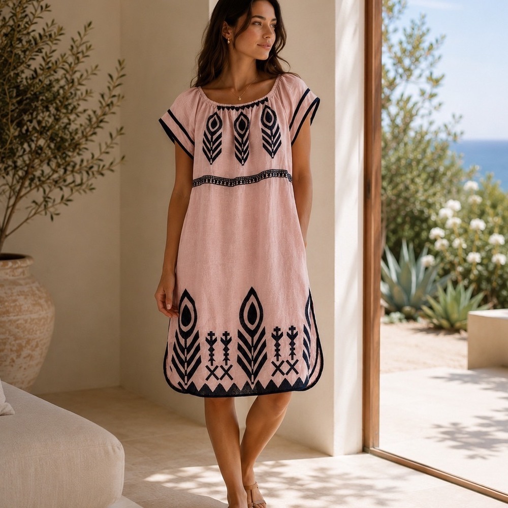 Greek Archaic Kori Midi Dress Womens Large Pink Navy Linen Embroidered Slit Hem